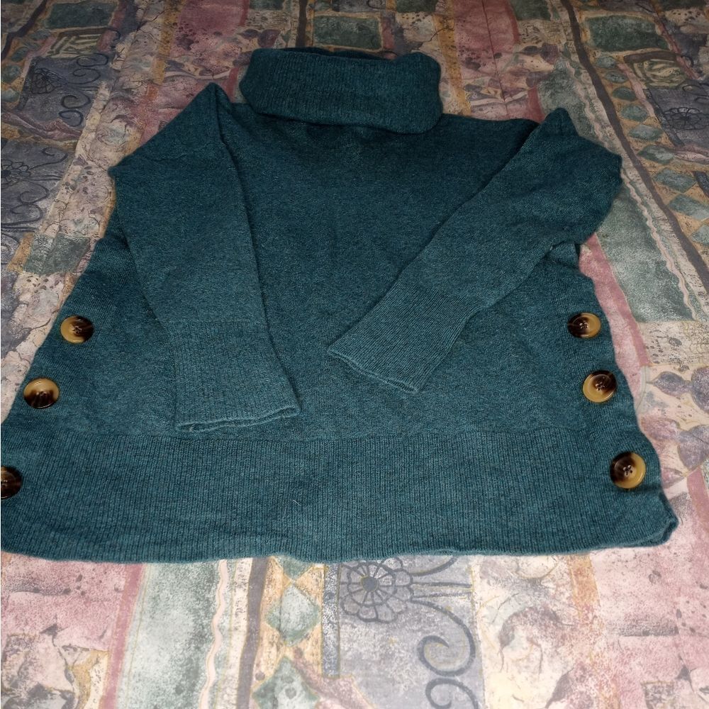 Ellen Tracy Wrap Front Sweater Teal Womens L Merino Wool Cowl Neck Button